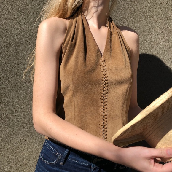 Tops - brown suede stitched halter top